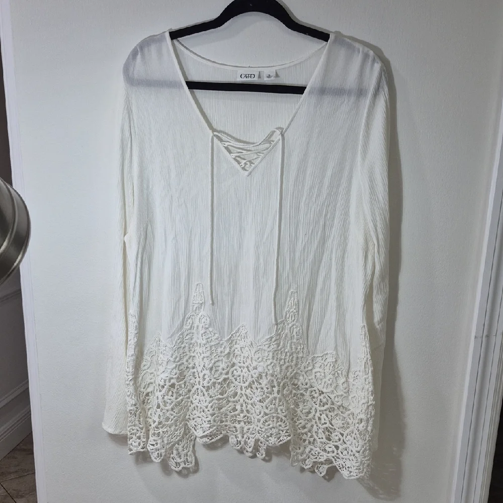 Cato Womens XL Cream Lace Trim Blouse With Flowing Sleeves - Picture 2 of 14